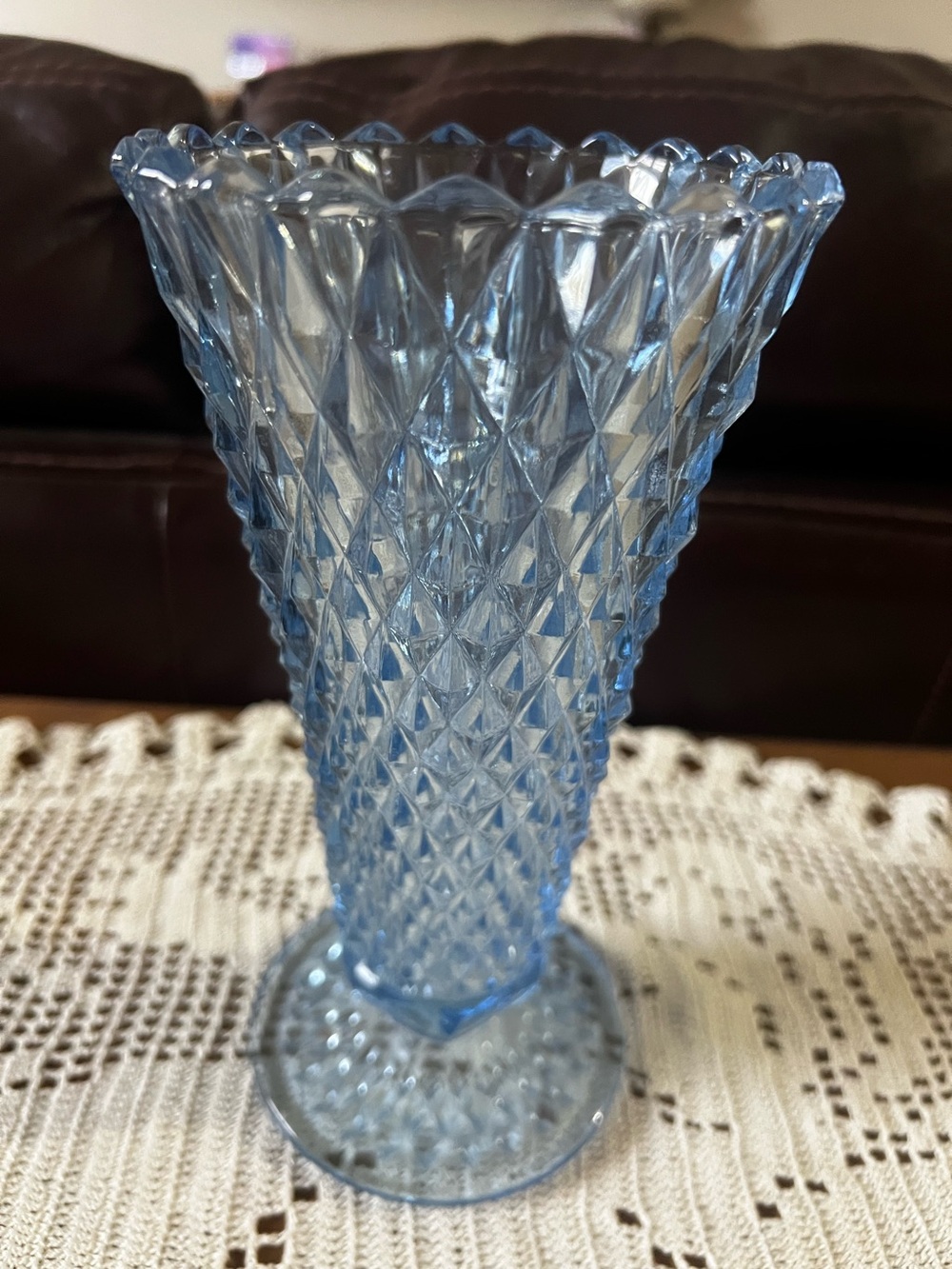 Vintage Indiana Glass Diamond point vase in blue glass.